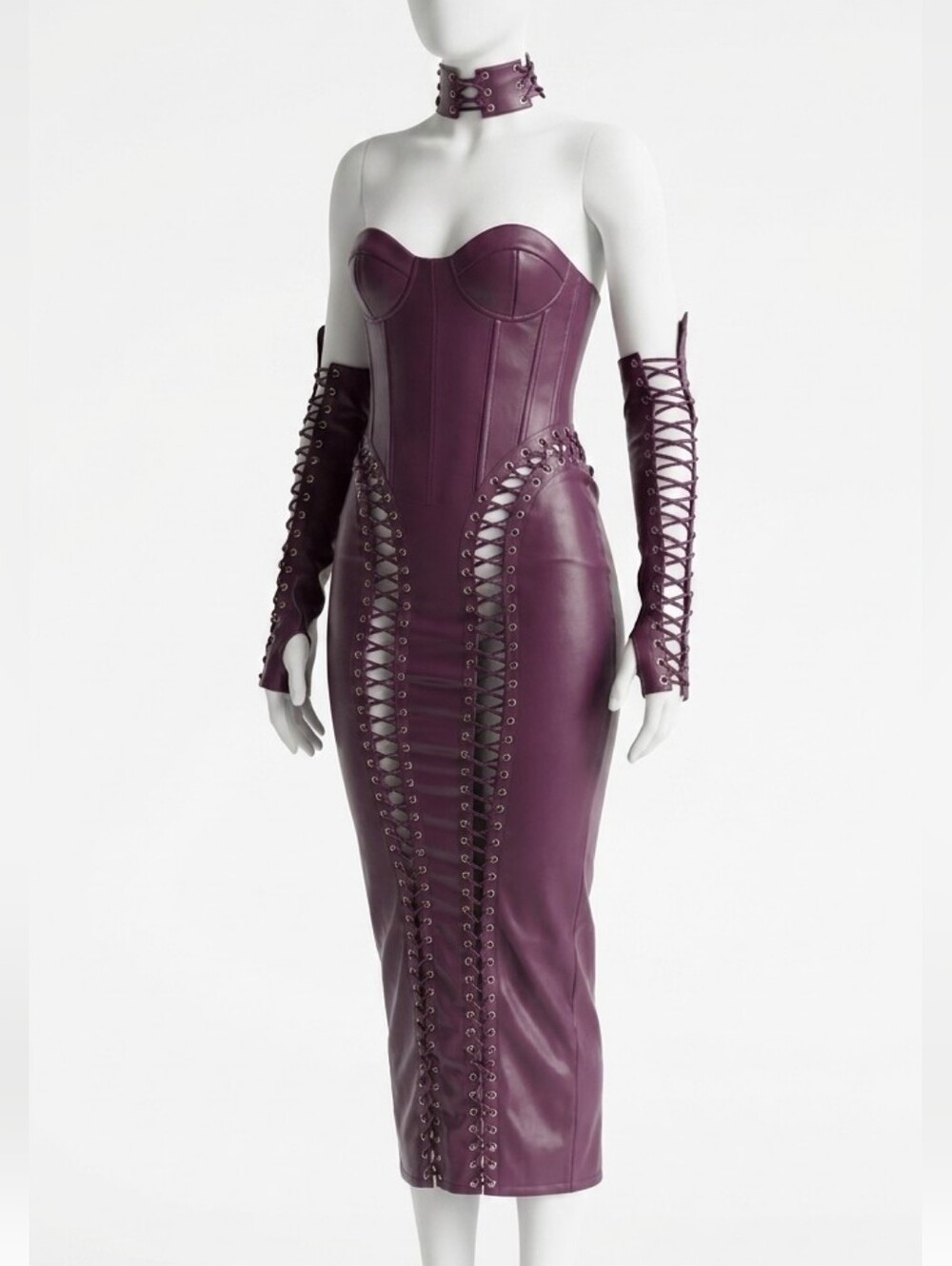 Akira What The Helly Pu Midi Dress Dark Purple Lace Up Faux Leather Medium